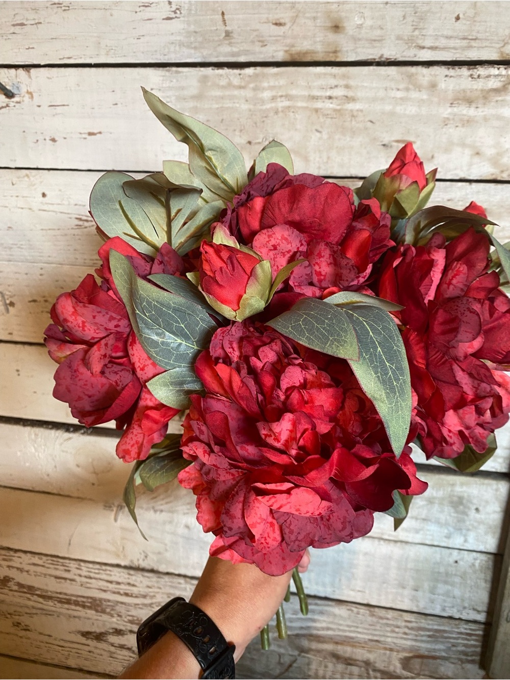 Abrand Deep Red Peony Faux Floral Bouquet with Green Leaves